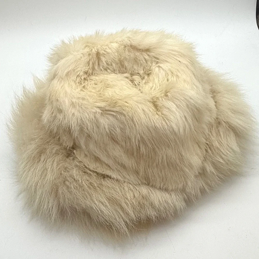 Vintage Union Made Cream Real Fur Pillbox Hat Winter Glam Cloche old Hollywood